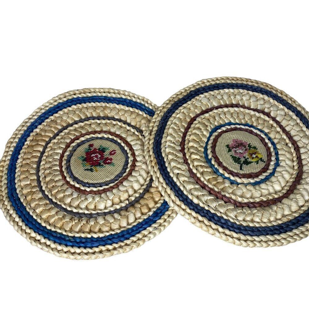 Vintage Embroidered Straw Trivets Large